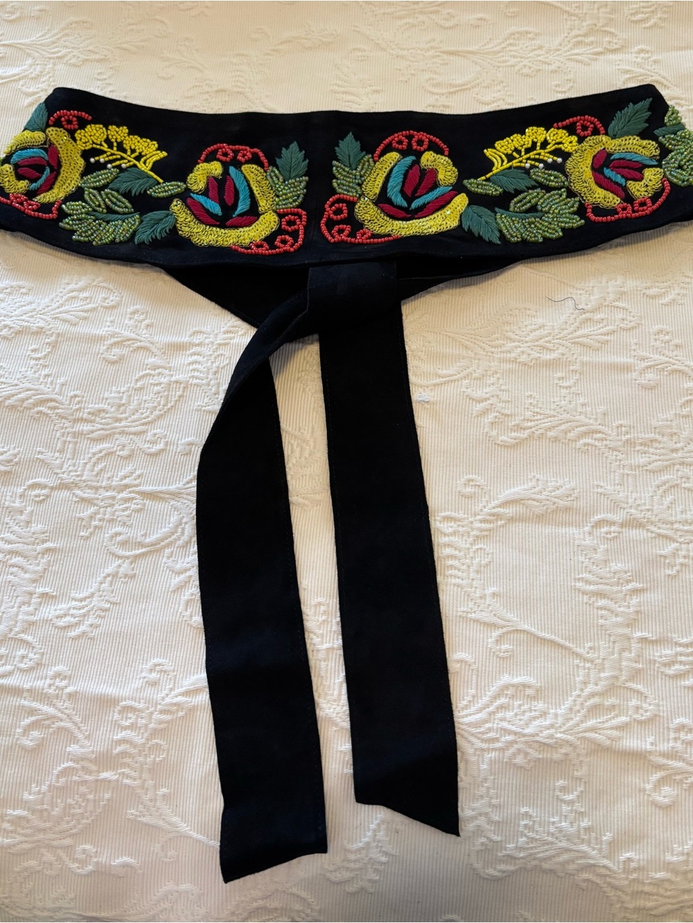 Ibisco Black Suede Embroidered & Beaded Tie Belt O/S